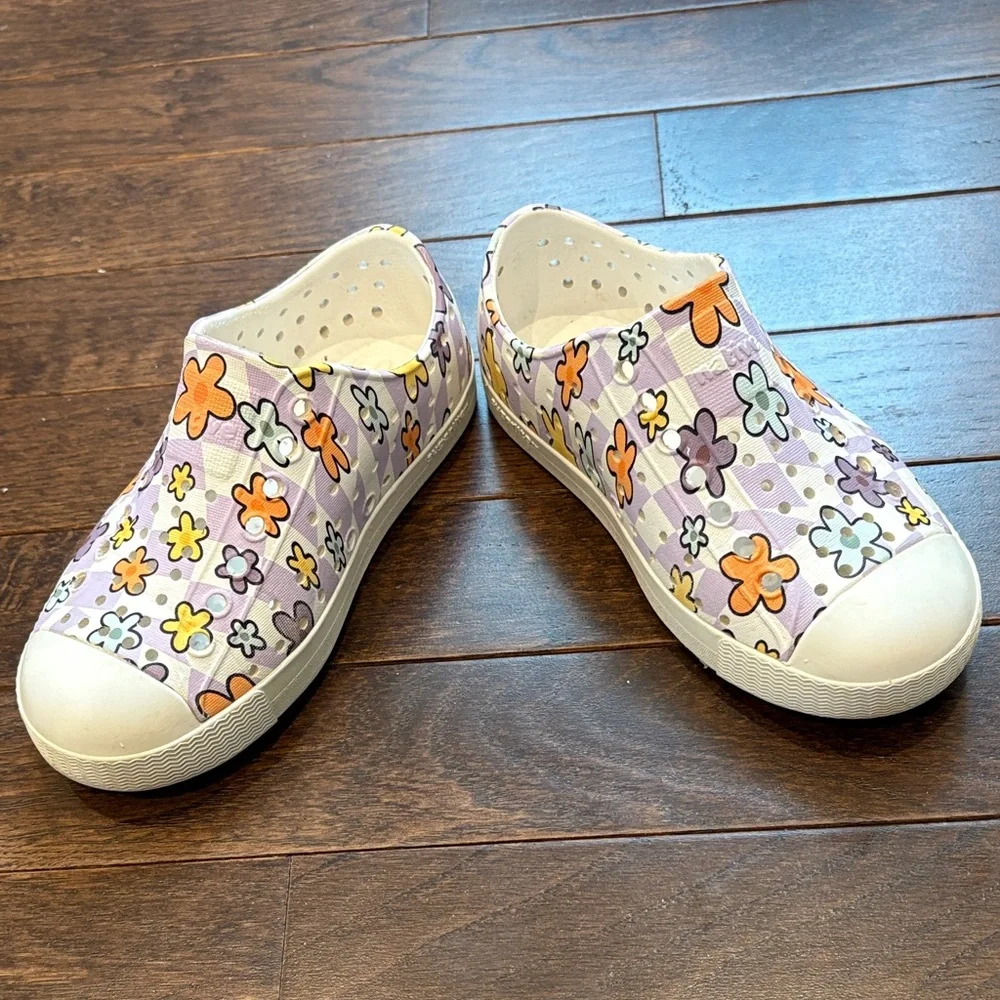 Native Jefferson Toddler Size 10 Floral Daisy Purple Checkered Slip-On Shoes - Picture 5 of 6